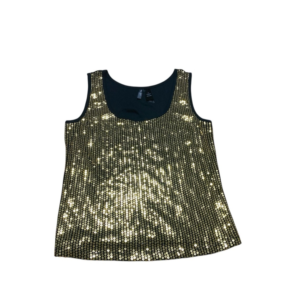 Bisou Bisou Black Tank Top With Gold Sequins Women’s Size L Sleeveless Blouse